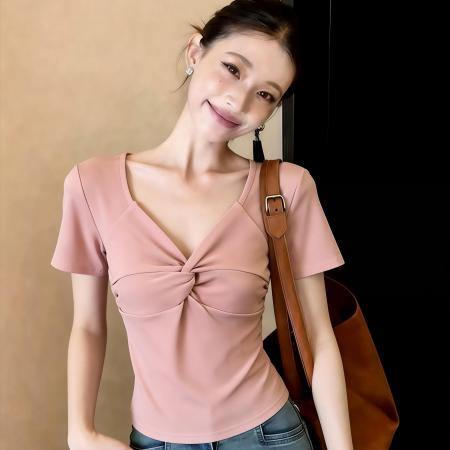 BY11769# 设计感V领扭结短袖T恤女修身气质针织正肩上衣 服裝批發女裝批發服飾貨源