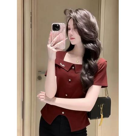 BY11770# 温柔风酒红色方领短袖T恤女新款设计感不规则下摆开叉上衣 服裝批發女裝批發服飾貨源