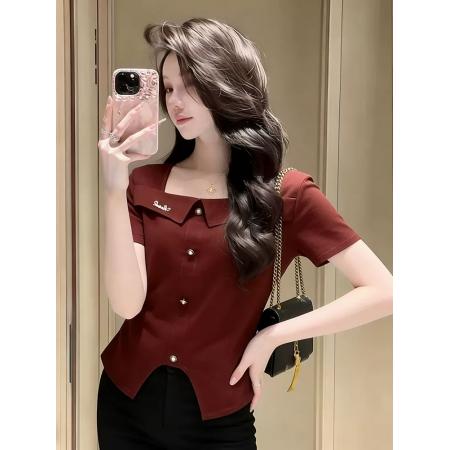BY11770# 温柔风酒红色方领短袖T恤女新款设计感不规则下摆开叉上衣 服裝批發女裝批發服飾貨源