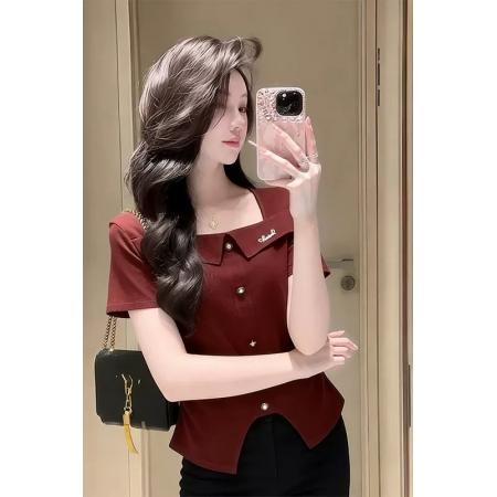 BY11770# 温柔风酒红色方领短袖T恤女新款设计感不规则下摆开叉上衣 服裝批發女裝批發服飾貨源