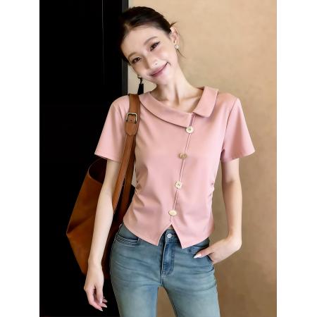 BY11771# 多巴胺斜门襟单排扣T恤女夏季小个子薄款舒适上衣服 服裝批發女裝批發服飾貨源