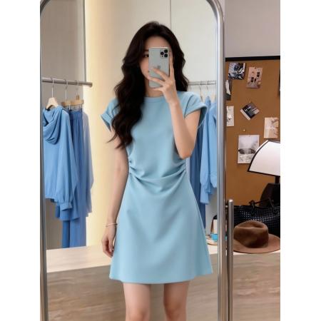 BY11774# 夏天巨好看的蓝色短袖连衣裙女微胖风情万种穿搭收腰显瘦气质短裙 服裝批發女裝批發服飾貨源