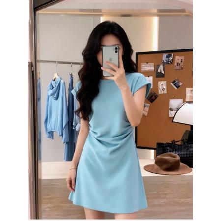 BY11774# 夏天巨好看的蓝色短袖连衣裙女微胖风情万种穿搭收腰显瘦气质短裙 服裝批發女裝批發服飾貨源