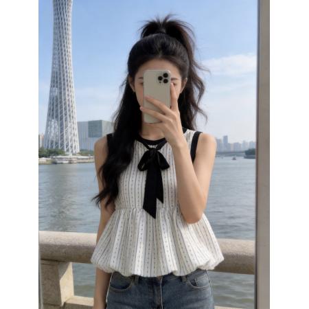 BY11776# 夏季新款韩系复古圆领竖条纹系带无袖背心女洋气韩系chic上衣 服裝批發女裝批發服飾貨源