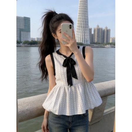 BY11776# 夏季新款韩系复古圆领竖条纹系带无袖背心女洋气韩系chic上衣 服裝批發女裝批發服飾貨源
