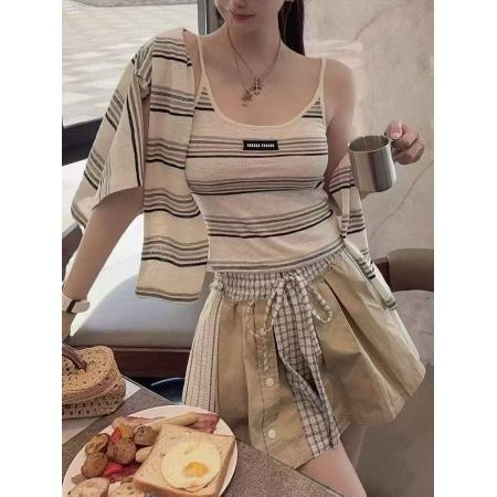 BY11778# 条纹针织开衫套装女薄款春秋新款韩版小众慵懒吊带防晒衫两件套 服裝批發女裝批發服飾貨源