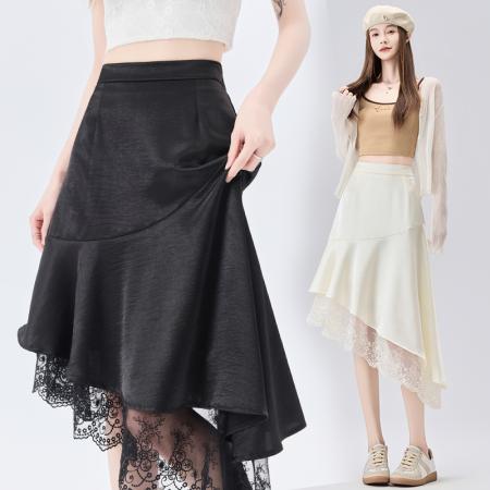 BY11781# 蕾丝拼接开叉醋酸缎面半身裙女夏季高腰显瘦鱼尾中长款a字裙 服裝批發女裝批發服飾貨源