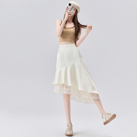 BY11781# 蕾丝拼接开叉醋酸缎面半身裙女夏季高腰显瘦鱼尾中长款a字裙 服裝批發女裝批發服飾貨源