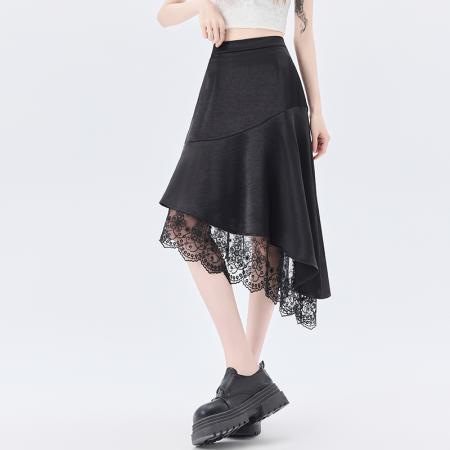BY11781# 蕾丝拼接开叉醋酸缎面半身裙女夏季高腰显瘦鱼尾中长款a字裙 服裝批發女裝批發服飾貨源