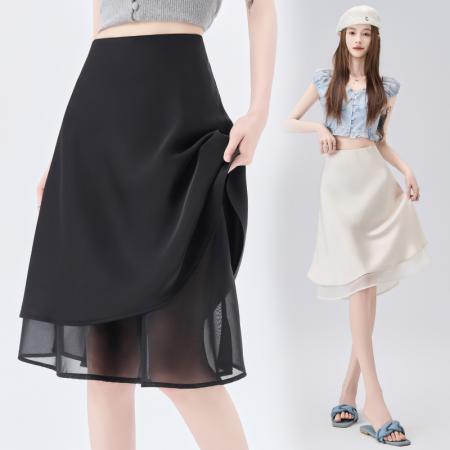 BY11782# 纱网拼接醋酸缎面半身裙女夏季高腰显瘦裙摆中长款a字裙 服裝批發女裝批發服飾貨源