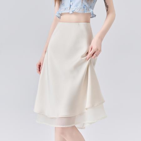 BY11782# 纱网拼接醋酸缎面半身裙女夏季高腰显瘦裙摆中长款a字裙 服裝批發女裝批發服飾貨源