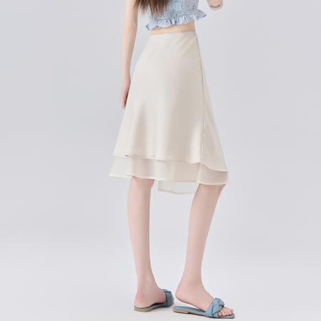BY11782# 纱网拼接醋酸缎面半身裙女夏季高腰显瘦裙摆中长款a字裙 服裝批發女裝批發服飾貨源