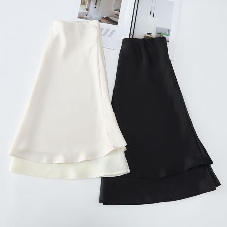 BY11782# 纱网拼接醋酸缎面半身裙女夏季高腰显瘦裙摆中长款a字裙 服裝批發女裝批發服飾貨源