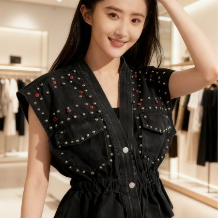 BY11783# 新款韩版V领收腰显瘦钉珠时尚百搭黑色牛仔坎肩马甲 服裝批發女裝批發服飾貨源