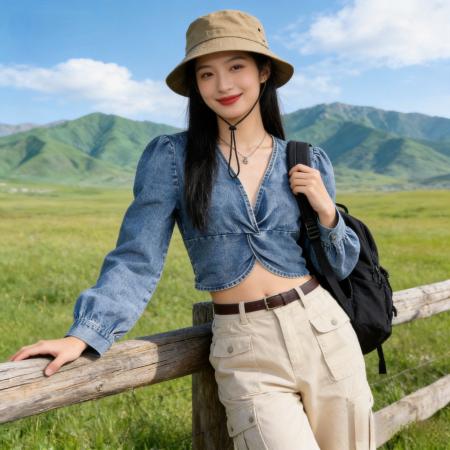 BY11784# 韩版新款殴美风性感时尚V领扭结侧边拉链泡泡袖薄款牛仔上衣 服裝批發女裝批發服飾貨源