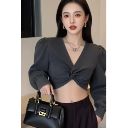 BY11784# 韩版新款殴美风性感时尚V领扭结侧边拉链泡泡袖薄款牛仔上衣 服裝批發女裝批發服飾貨源