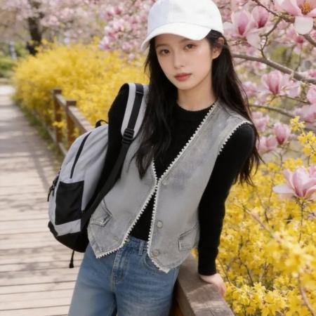 BY11785# 舂秋新品珍珠边V领时尚百搭外搭牛仔背心马甲 服裝批發女裝批發服飾貨源