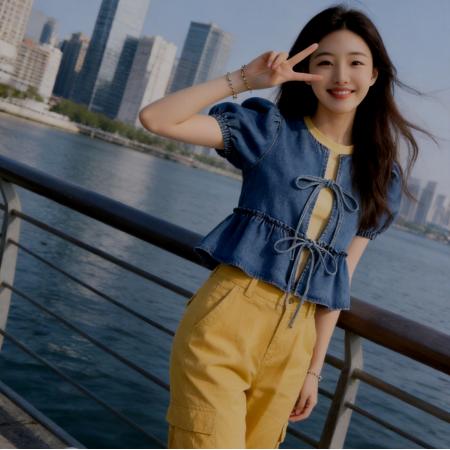 BY11786# 明星代斯同款时尚百搭显瘦蝴蝶结泡泡袖宽松牛仔短袖上衣 服裝批發女裝批發服飾貨源