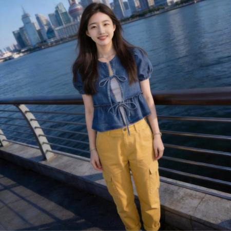 BY11786# 明星代斯同款时尚百搭显瘦蝴蝶结泡泡袖宽松牛仔短袖上衣 服裝批發女裝批發服飾貨源