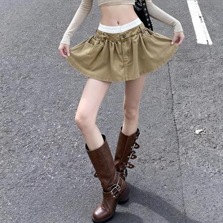 BY11788# 韩版个性拼接设计感可拆卸休闲半身裙女春季新款防走光短裙 服裝批發女裝批發服飾貨源