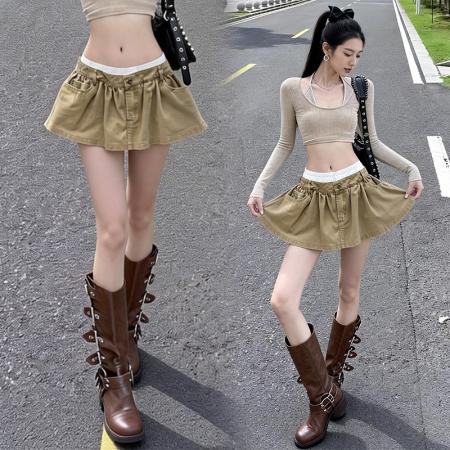 BY11788# 韩版个性拼接设计感可拆卸休闲半身裙女春季新款防走光短裙 服裝批發女裝批發服飾貨源