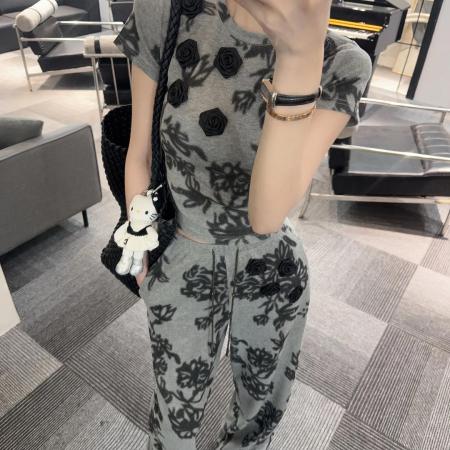 BY11792# 时尚两件套女春夏新款韩系气质设计感扎染短袖T恤阔腿裤套装 服裝批發女裝批發服飾貨源