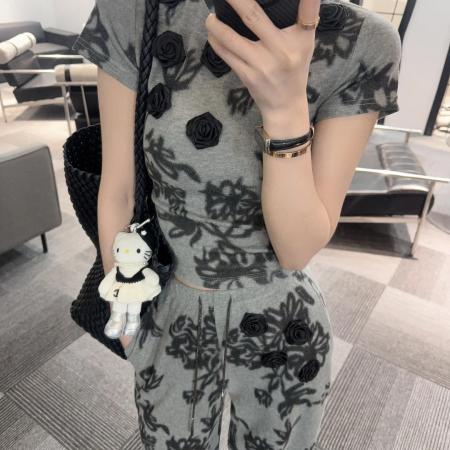 BY11792# 时尚两件套女春夏新款韩系气质设计感扎染短袖T恤阔腿裤套装 服裝批發女裝批發服飾貨源