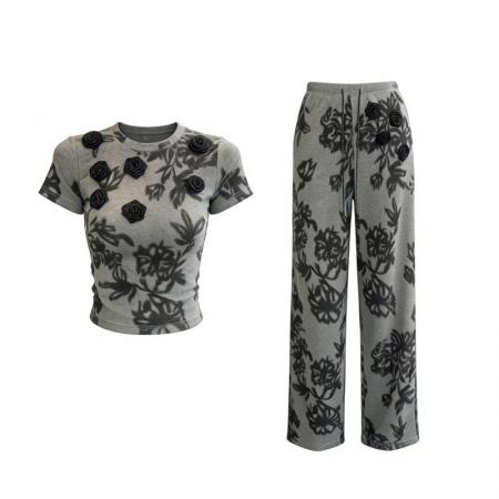 BY11792# 时尚两件套女春夏新款韩系气质设计感扎染短袖T恤阔腿裤套装 服裝批發女裝批發服飾貨源