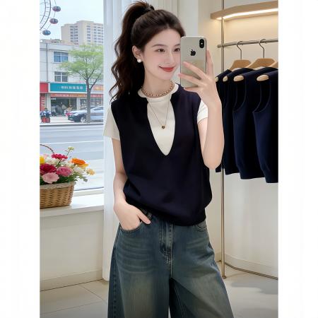 BY11793# 高级感假两件短袖T恤女大码夏季胖mm薄款宽松显瘦上衣 服裝批發女裝批發服飾貨源