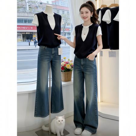 BY11793# 高级感假两件短袖T恤女大码夏季胖mm薄款宽松显瘦上衣 服裝批發女裝批發服飾貨源