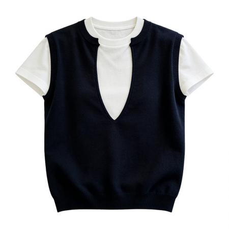 BY11793# 高级感假两件短袖T恤女大码夏季胖mm薄款宽松显瘦上衣 服裝批發女裝批發服飾貨源