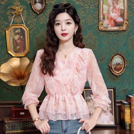 BY11794# 春季新款雪纺立体刺绣长袖衬衫 服裝批發女裝批發服飾貨源