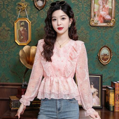 BY11794# 春季新款雪纺立体刺绣长袖衬衫 服裝批發女裝批發服飾貨源