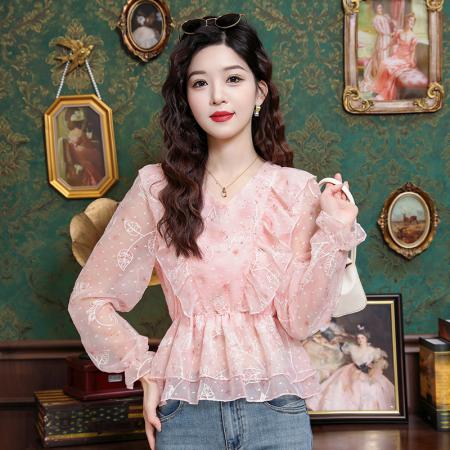 BY11794# 春季新款雪纺立体刺绣长袖衬衫 服裝批發女裝批發服飾貨源