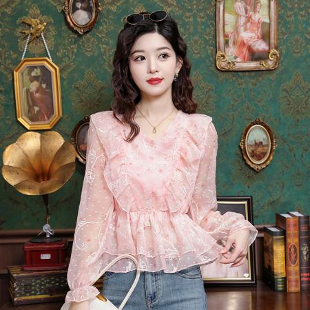 BY11794# 春季新款雪纺立体刺绣长袖衬衫 服裝批發女裝批發服飾貨源