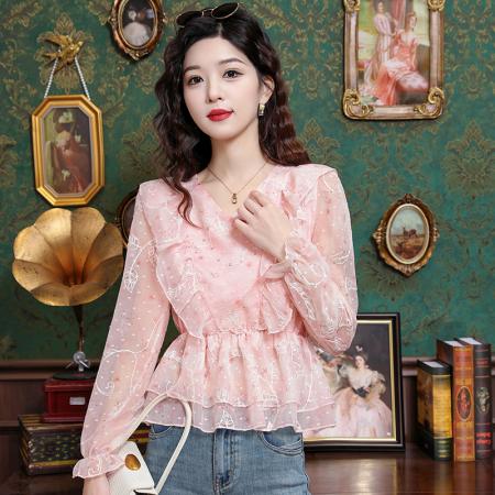 BY11794# 春季新款雪纺立体刺绣长袖衬衫 服裝批發女裝批發服飾貨源