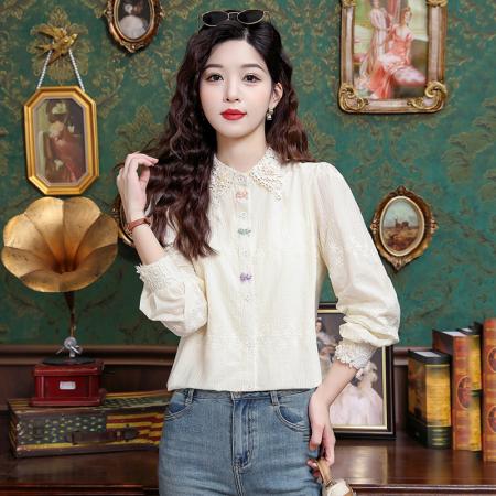 BY11795# 春季新款法式宫廷重工立体刺绣钩花上衣衬衫 服裝批發女裝批發服飾貨源