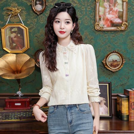 BY11795# 春季新款法式宫廷重工立体刺绣钩花上衣衬衫 服裝批發女裝批發服飾貨源