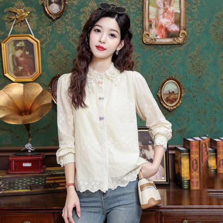 BY11795# 春季新款法式宫廷重工立体刺绣钩花上衣衬衫 服裝批發女裝批發服飾貨源