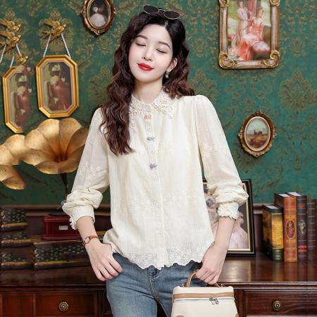 BY11795# 春季新款法式宫廷重工立体刺绣钩花上衣衬衫 服裝批發女裝批發服飾貨源