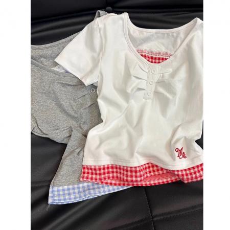 BY11802# 新款假两件蕾丝格子圆领短袖t恤女夏设计感甜美风别致上衣 服裝批發女裝批發服飾貨源