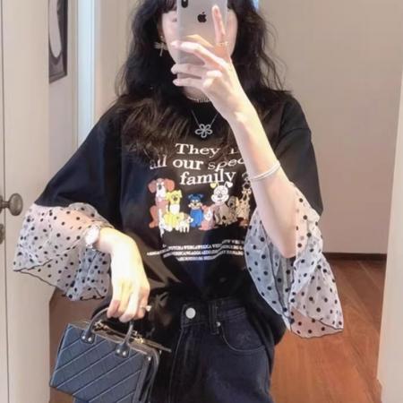 BY11804# 大码韩国女装夏季新款胖mm减龄风卡通狗狗印花波点网纱袖T恤上衣 服裝批發女裝批發服飾貨源