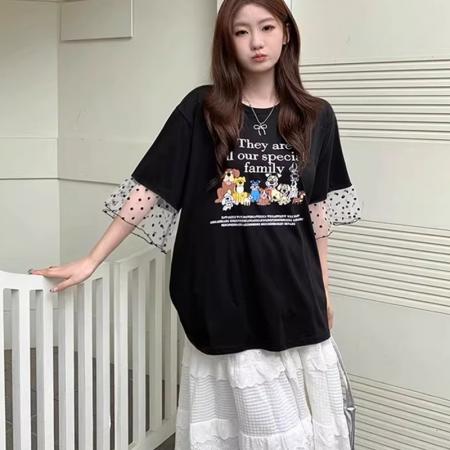 BY11804# 大码韩国女装夏季新款胖mm减龄风卡通狗狗印花波点网纱袖T恤上衣 服裝批發女裝批發服飾貨源