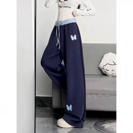 BY11805# 韩女慵懒宝蓝色蝴蝶贴布刺绣休闲裤女加绒宽松阔腿垂感卫裤 服裝批發女裝批發服飾貨源
