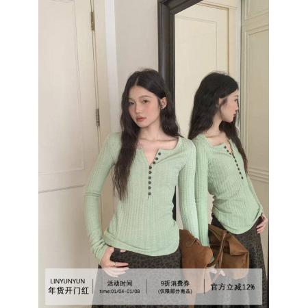 BY11806# 林晕晕绿色复古纽扣针织打底衫女巨好看气质上衣 服裝批發女裝批發服飾貨源