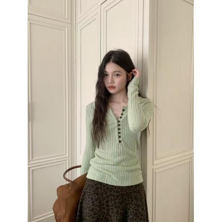 BY11806# 林晕晕绿色复古纽扣针织打底衫女巨好看气质上衣 服裝批發女裝批發服飾貨源