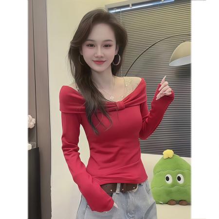 BY11807# 人棉抓毛烫钻网纱拼接长袖T恤女春蝴蝶结露肩假两件上衣 服裝批發女裝批發服飾貨源