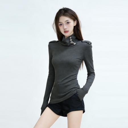 BY11808# 法国罗纹灰色复古半高领长袖打底衫女春秋收腰百搭气质上衣 服裝批發女裝批發服飾貨源