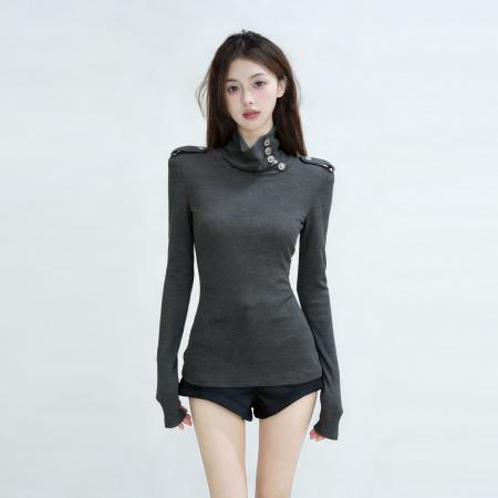 BY11808# 法国罗纹灰色复古半高领长袖打底衫女春秋收腰百搭气质上衣 服裝批發女裝批發服飾貨源