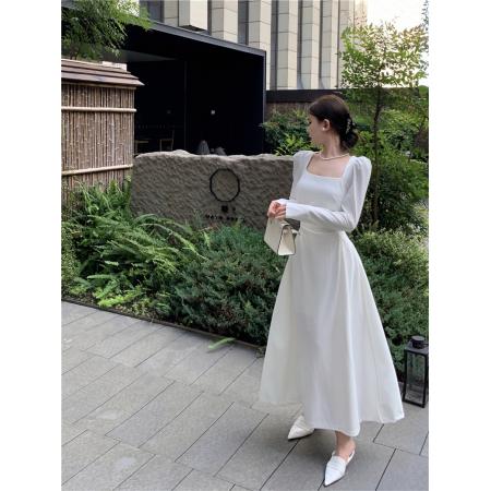 BY11809# 高级感别致惊艳美独特白色法式连衣裙收腰显瘦方领裙子女 服裝批發女裝批發服飾貨源